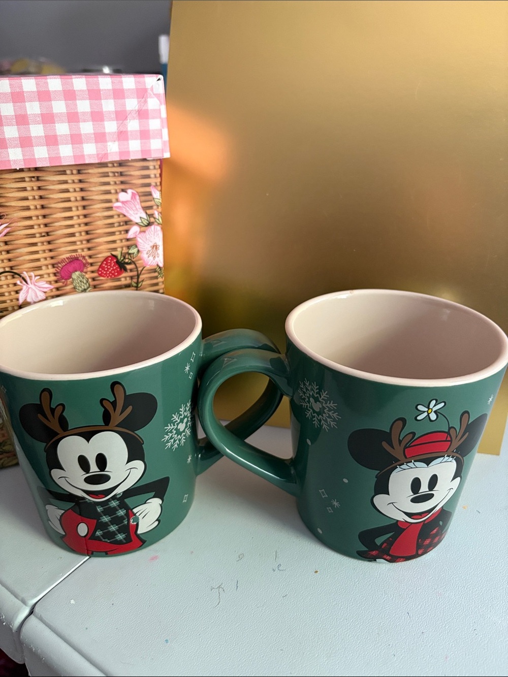 Disney Green Mickey & Minnie Holiday Ceramic Mug Pair